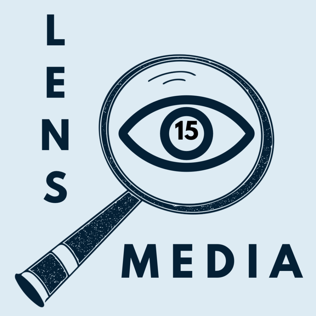 The words Lens 15 Media are next to an illustrated magnifier. Inside the glass is the outline of an eye and the number 15 at the center.